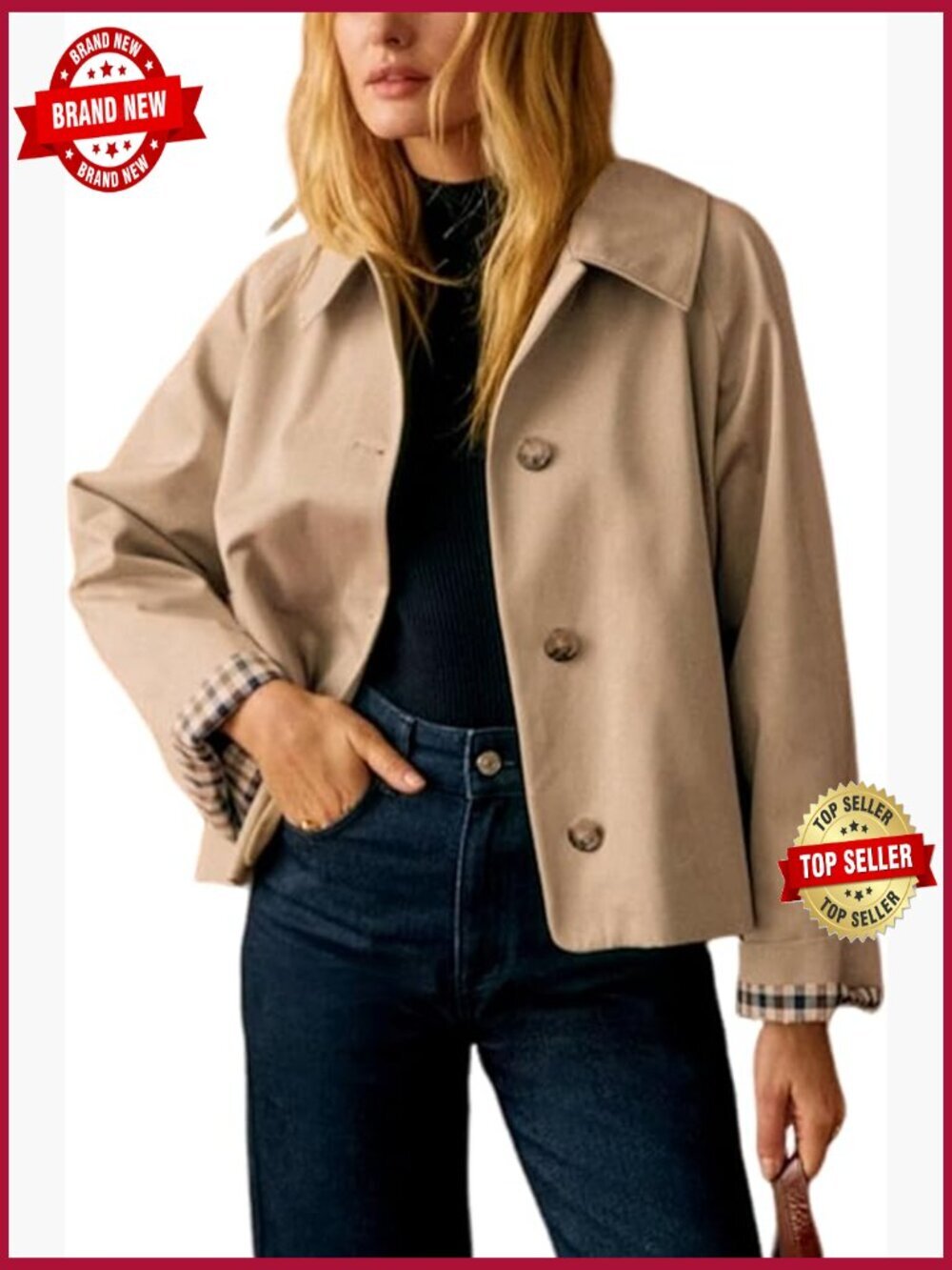 Oversize Trench Coat Plaid Lining Lapel Button Down Casual Crop Jacket with